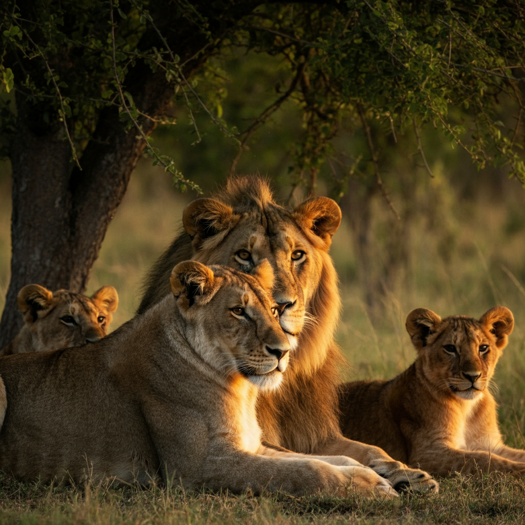 A lion pride resting in the shade of a tree. The dominant male lion is positioned slightly higher than the rest, with a watchful gaze. Soft focus emphasizes the family dynamic and the protective nature of the scene.