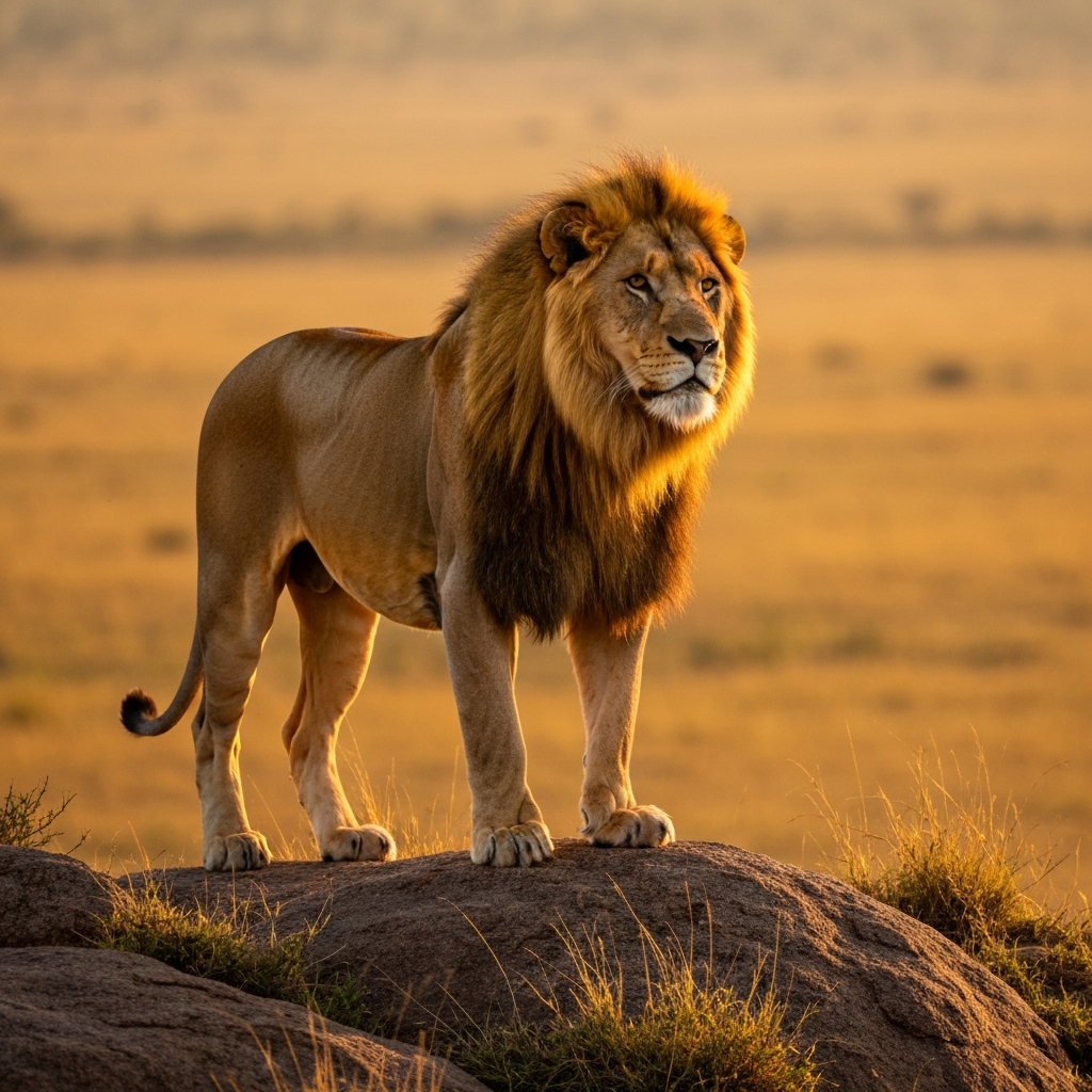 A male lion with a full, golden mane, standing proudly on a rocky outcrop. The scene is shot during golden hour, with the warm sunlight highlighting the texture of his fur. The background is a blurred savanna landscape.