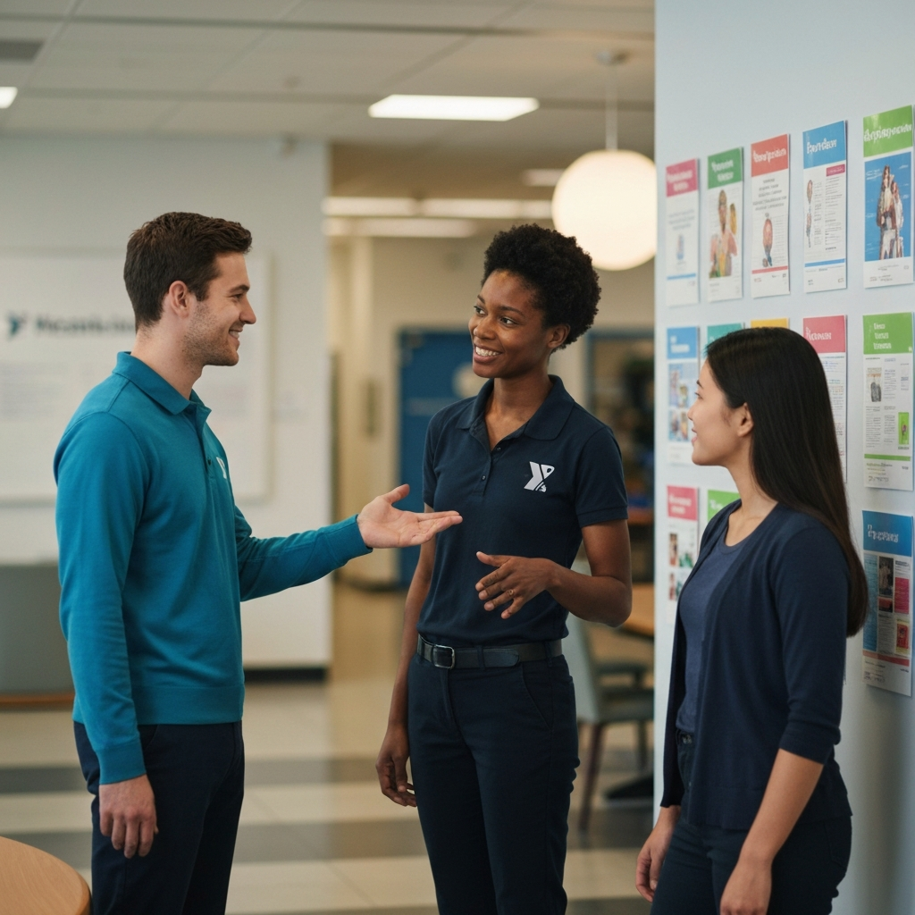 A brightly lit YMCA lobby. A friendly staff member is giving a tour to a young couple, gesturing towards a schedule board filled with colorful program flyers. Soft bokeh on the background activity areas.