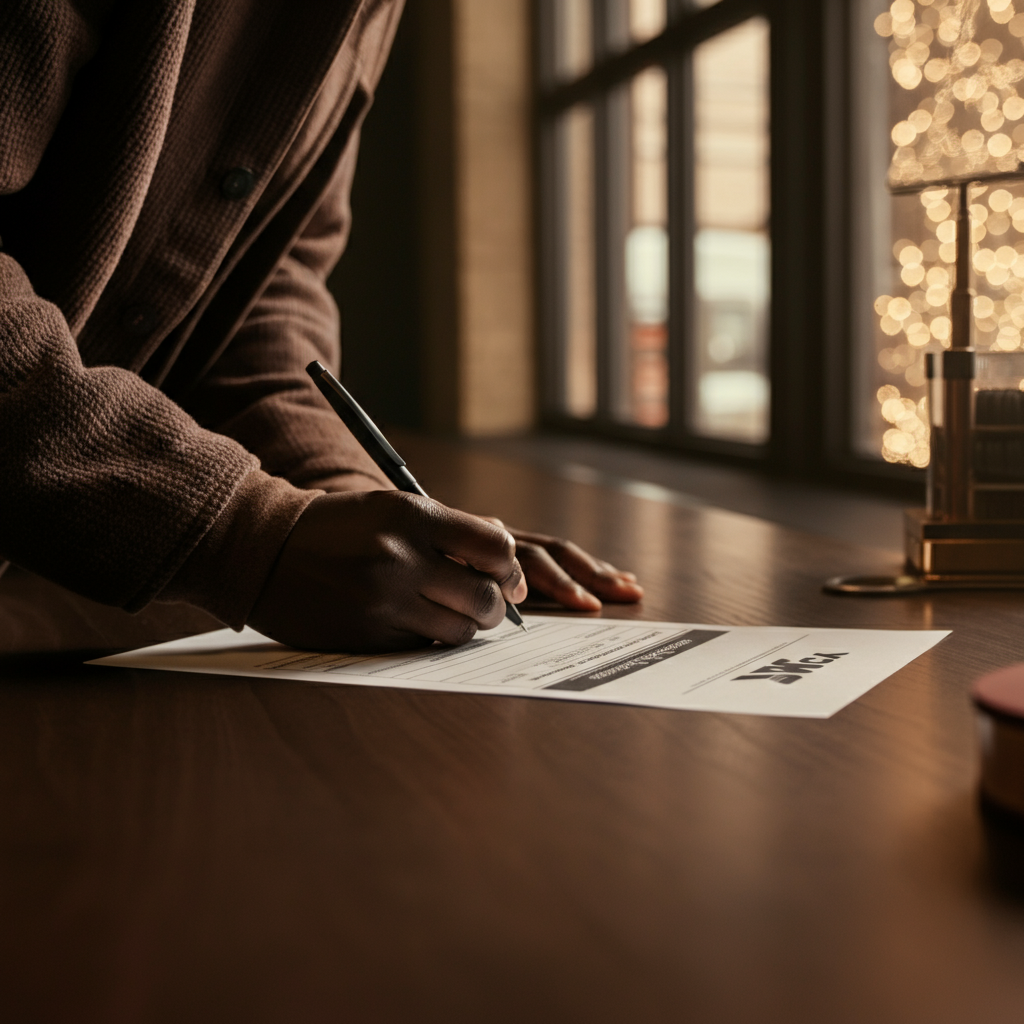 A person filling out a YMCA membership form at a desk. The room is well-lit with natural light filtering through a large window. Focus is on the form and the pen in their hand, suggesting careful completion.