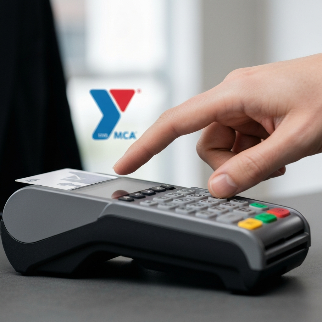 A hand hovering over a credit card reader, ready to insert a card. The background is subtly blurred, showing the YMCA logo on the counter. Focus is on the point of interaction, conveying a sense of secure transaction.