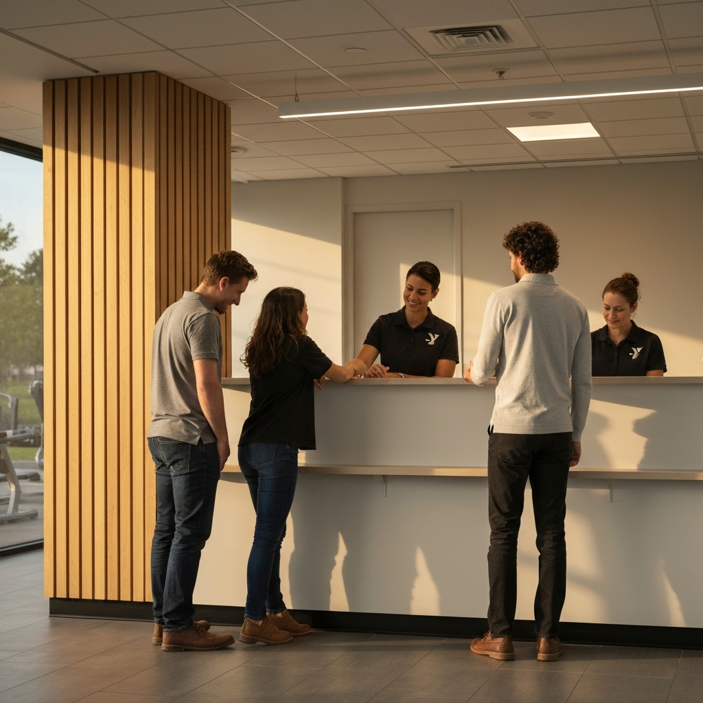 A YMCA staff member assisting a parent at the member services desk. The atmosphere is welcoming and supportive, conveying a sense of accessibility. Golden hour lighting adds warmth and approachability.