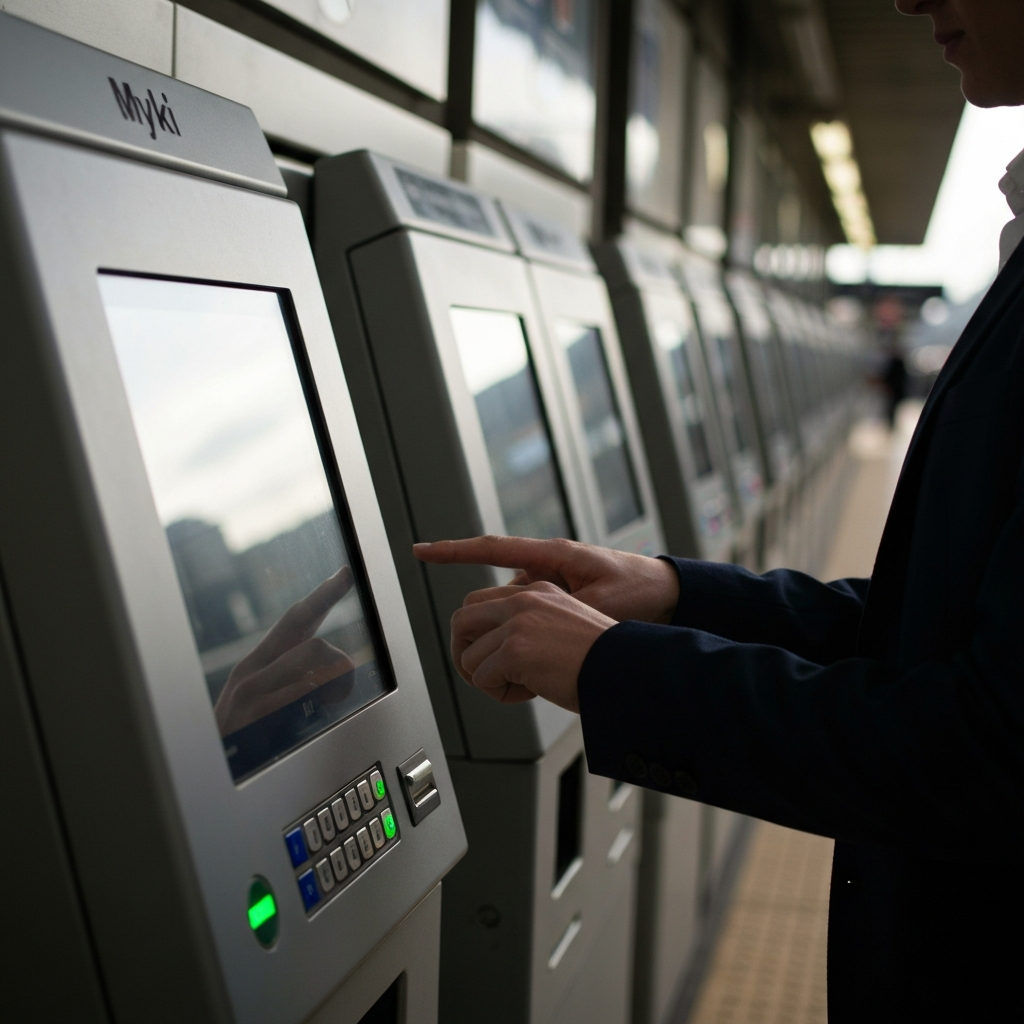 Myki machine at a train station, side-lit with soft morning light. A person is interacting with the touchscreen, with their fingers carefully pressing the buttons. The machine is clean and modern, reflecting the station architecture.