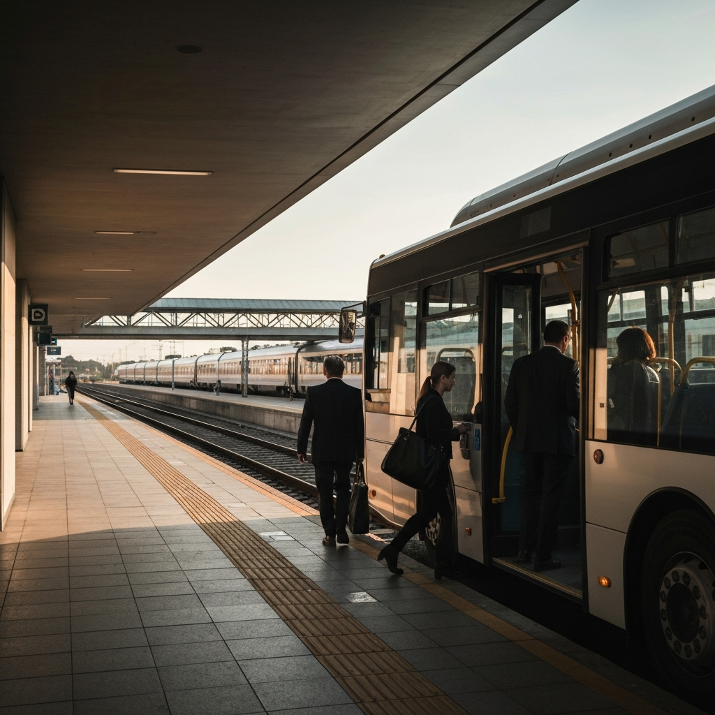 A bus arriving at a train station bus interchange. The bus doors are open, and passengers are disembarking. The train station is visible in the background, bathed in warm afternoon light.