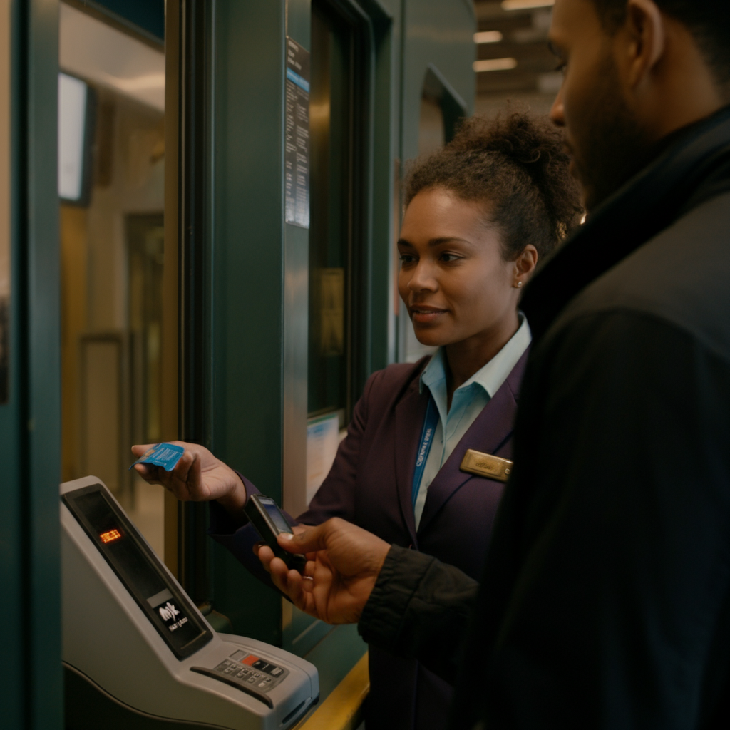 Close-up shot of a station attendant at a ticket window, assisting a customer with a Myki purchase. The background is slightly blurred, focusing on the interaction and the financial transaction.