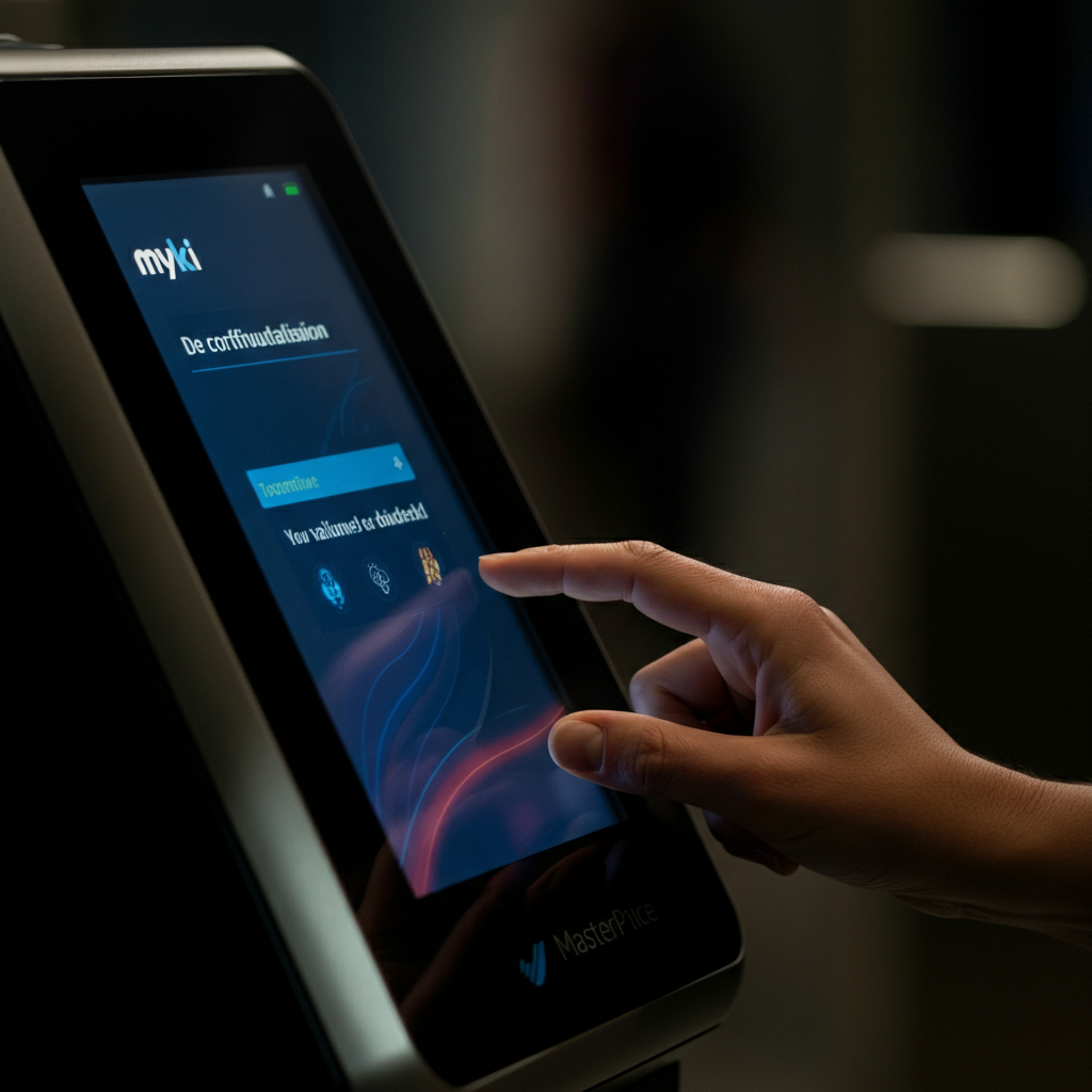 A person touching on their Myki card at a validator. The green light is illuminated, and the screen displays a confirmation message. Soft bokeh in the background emphasizes the action.