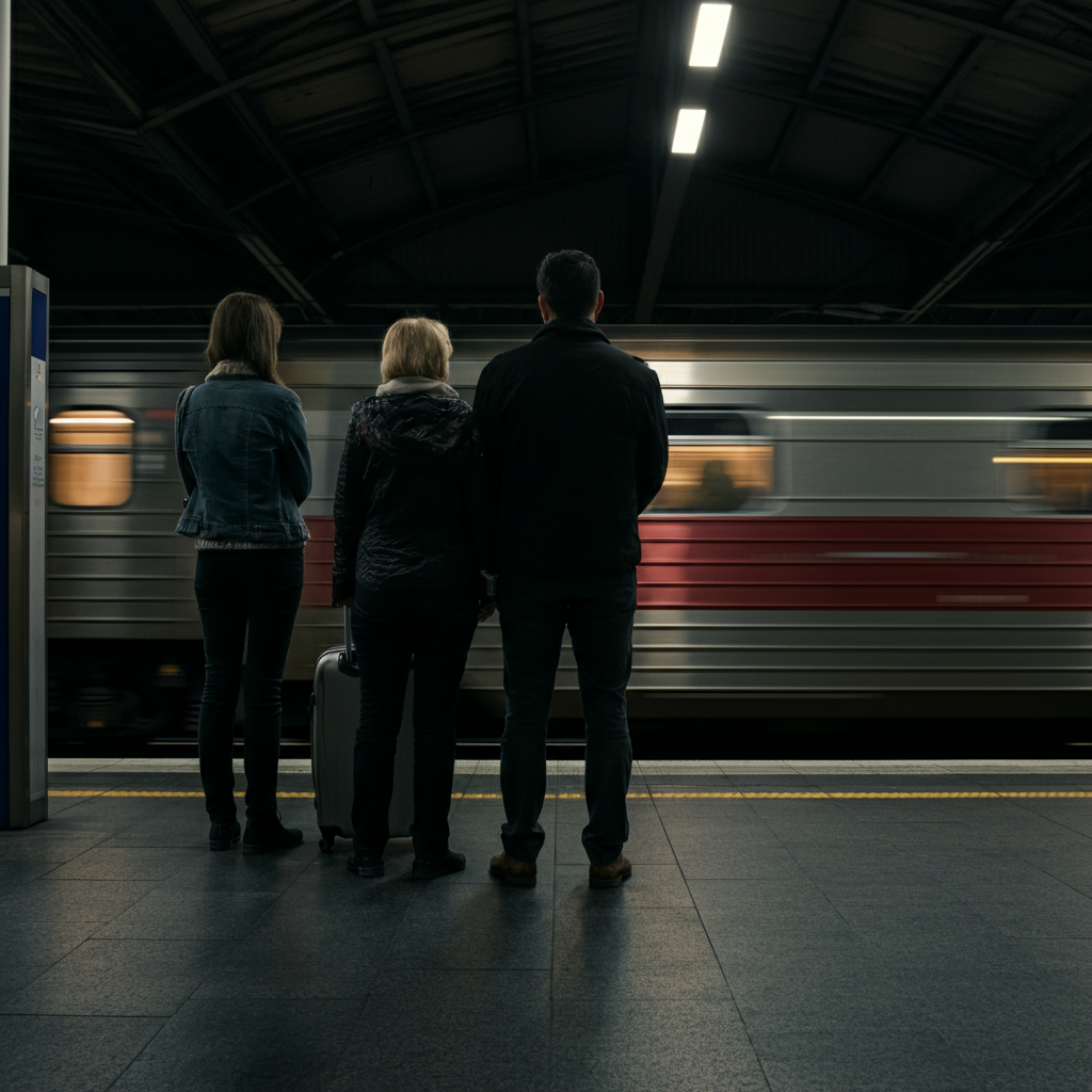 People waiting on a train platform, standing behind the yellow line. The platform is well-lit, and the train tracks stretch into the distance with a blurred train approaching.