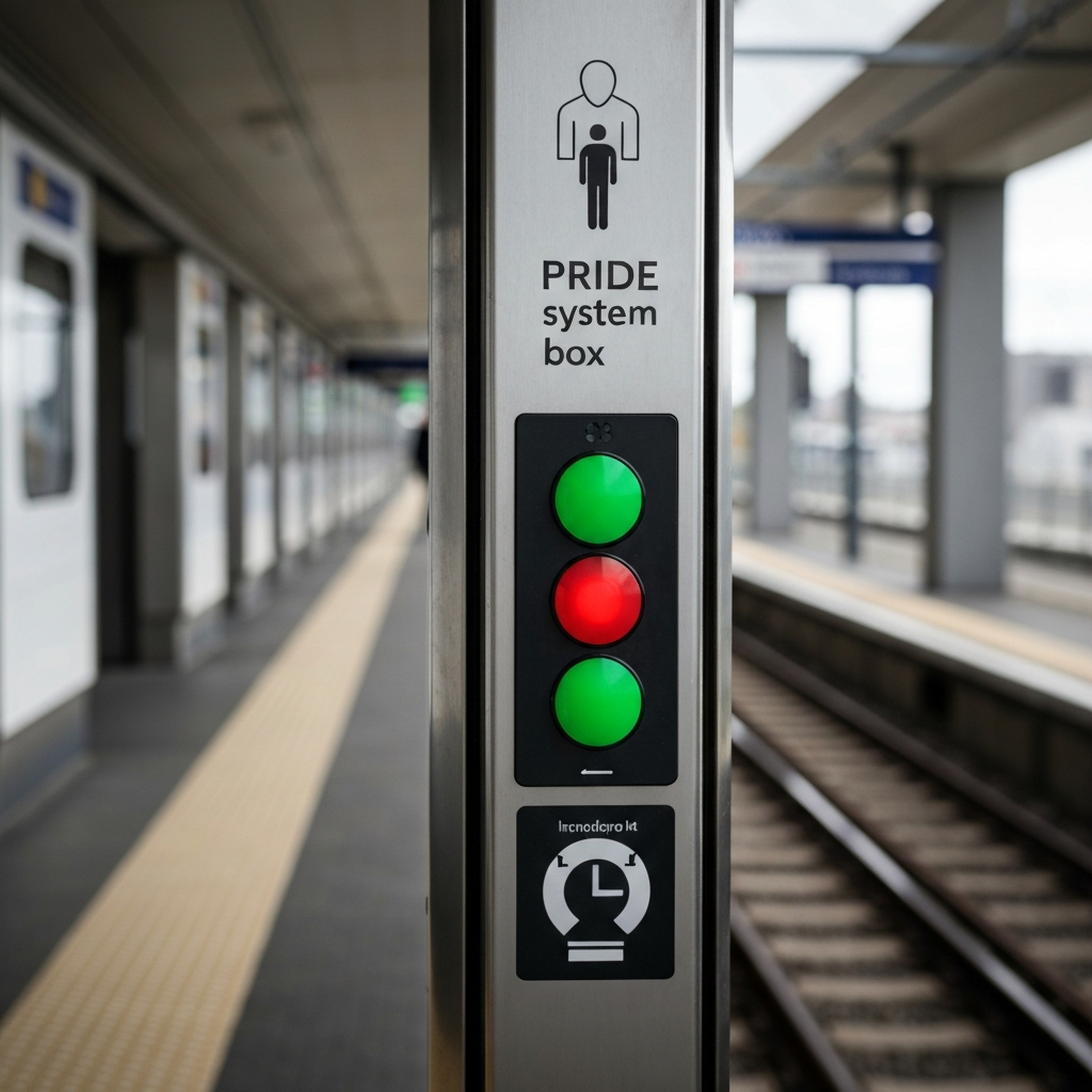 Close-up of a PRIDE system box on a train platform. The green and red buttons are clearly visible, and the surrounding signage provides instructions for use.