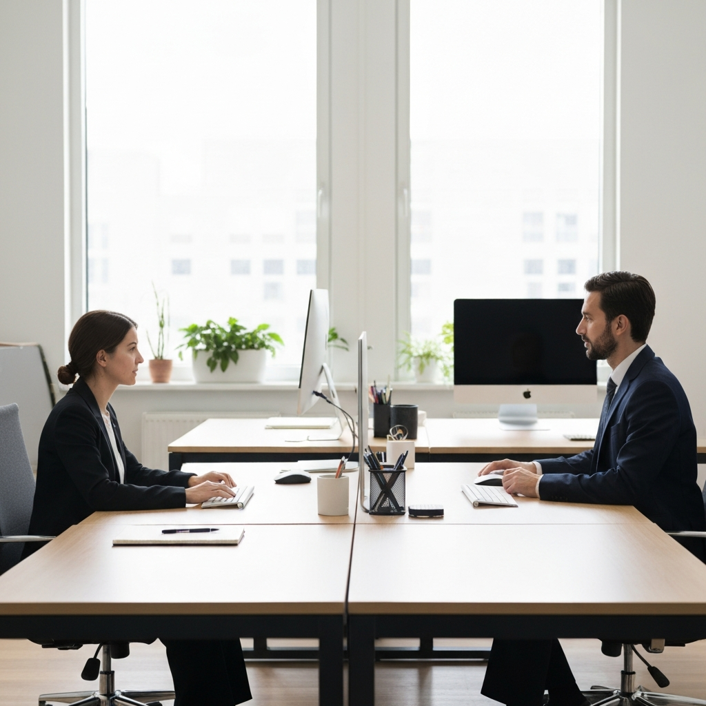 A brightly lit office space with two desks facing each other. One desk is neatly organized with a computer monitor, keyboard, and mouse. The other desk is mostly empty, with a few essential items like a notepad and pen. Soft bokeh from office plants in the background.