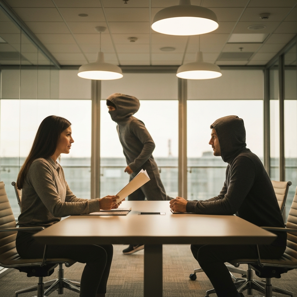 Two people sitting across from each other in a well-lit meeting room. One person is holding a file folder, and the other is leaning forward attentively. The room is modern and professional, with glass walls and a conference table. Soft, diffused lighting from overhead fixtures.