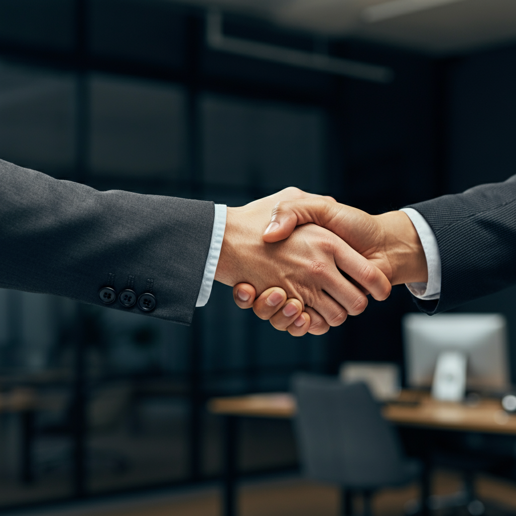 A close-up shot of two people shaking hands warmly. The focus is on the hands and the slight smile on their faces. The background is blurred, showing an office environment with desks and computers.
