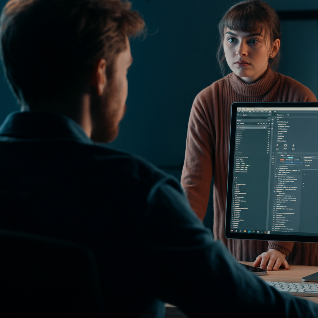 A person standing behind another person who is sitting at a computer, looking over their shoulder. The computer screen is visible, showing a software interface. Soft, side-lit textures on the keyboard and monitor.