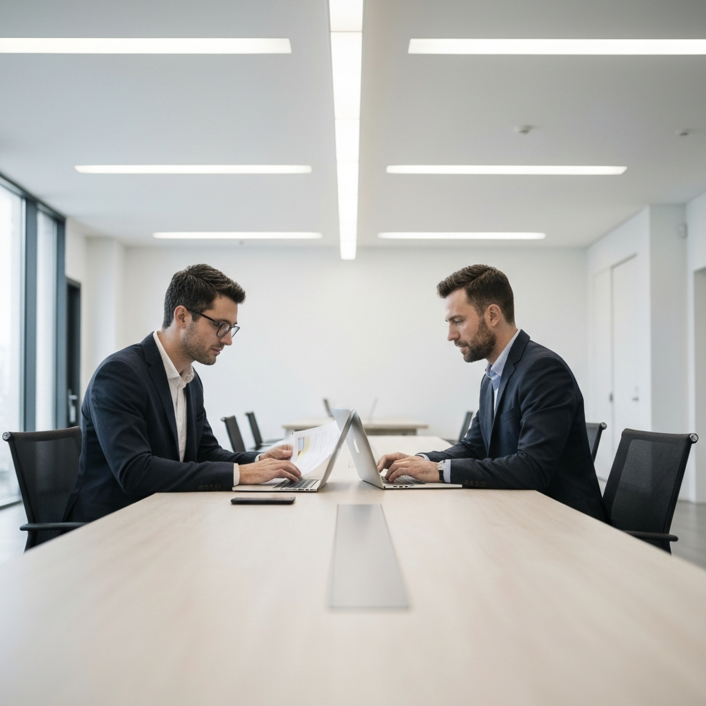 Two people working side-by-side at a long table, reviewing documents and using laptops. The lighting is bright and even, with a clean and professional atmosphere. The focus is on their collaboration and shared workspace.