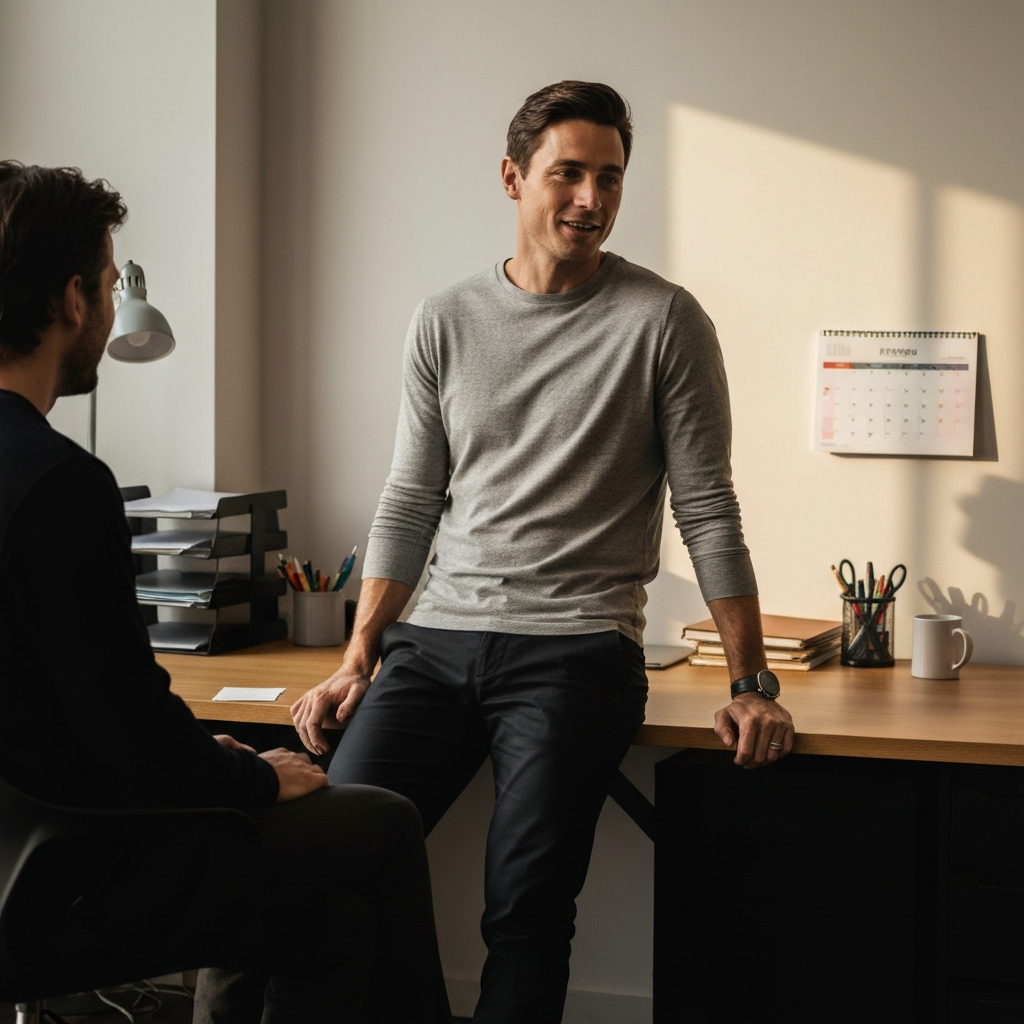 A person leaning against a desk, casually chatting with another person who is seated. The lighting is soft and natural, with a relaxed and approachable atmosphere. The background includes office supplies and a calendar.