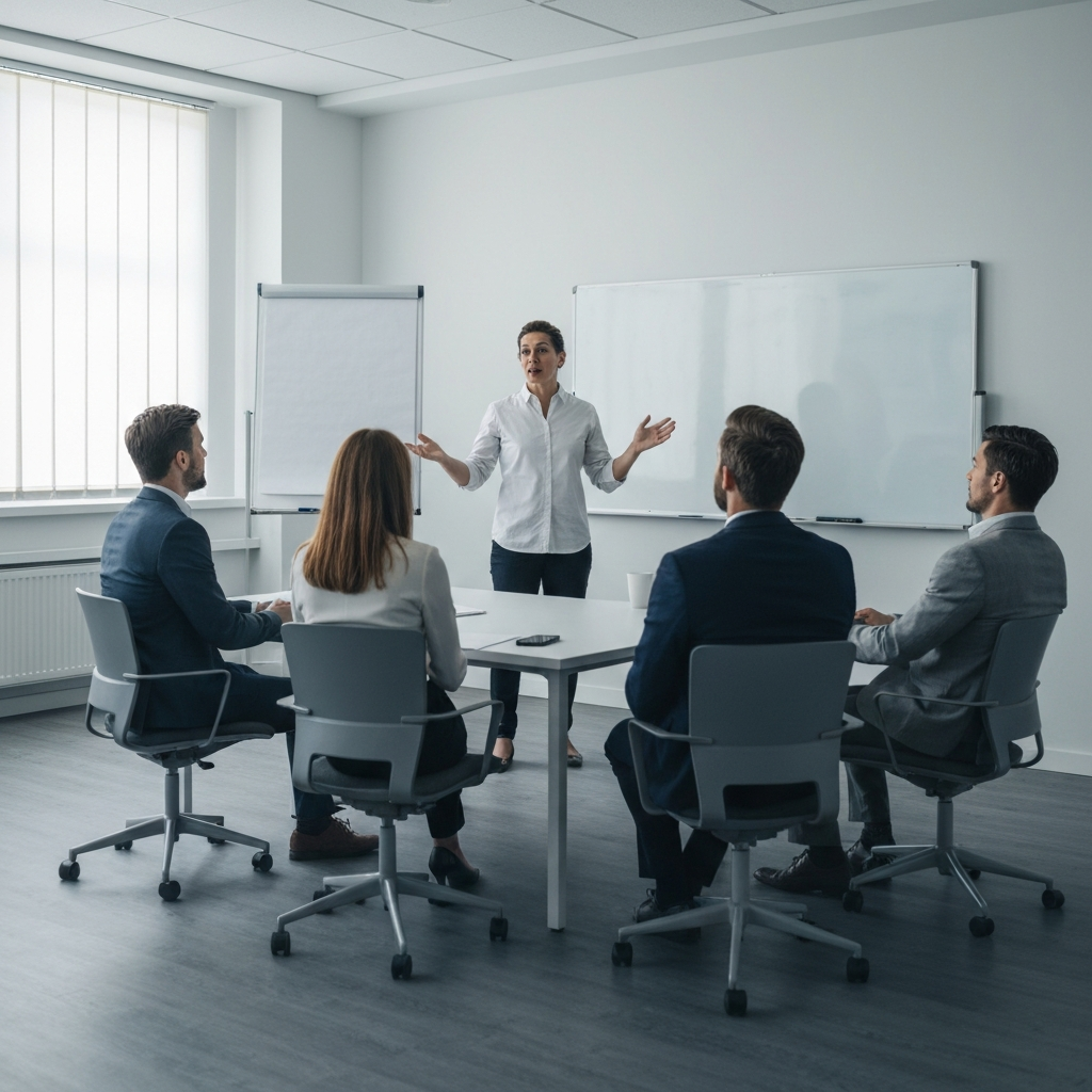 A person giving a presentation to a small group of people in a meeting room. The presenter is gesturing confidently, and the audience is engaged and attentive. The room has modern furniture and a whiteboard.