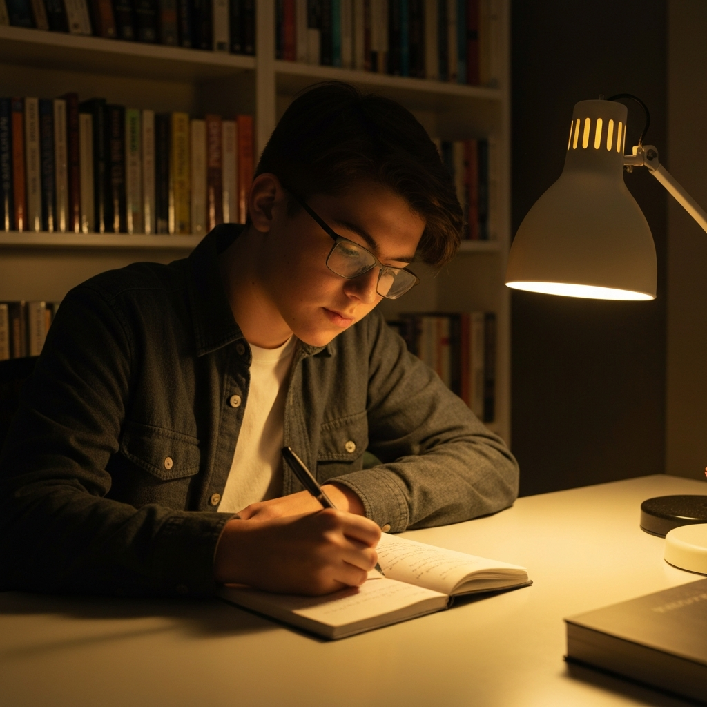 A teenager sits at a desk illuminated by a warm lamp. They are writing in a journal with a pen. Soft focus on the journal page, hinting at words but blurring specifics. Bookshelves are visible in the background, filled with neatly arranged books. The scene uses warm golden hour lighting.