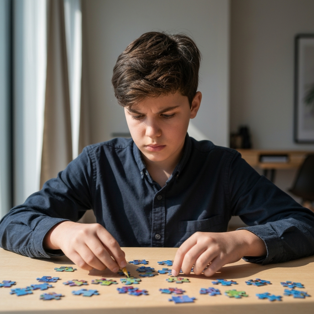 A teenager is working on a complex puzzle. They are focused and determined, with a slight furrow in their brow. The puzzle pieces are colorful and textured, suggesting a challenging but engaging activity. The room is bathed in soft, natural light.