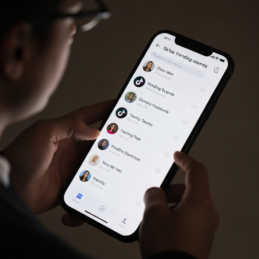 A close-up shot of a phone screen displaying the TikTok trending sounds page. Soft, diffused lighting illuminates the screen, highlighting the various song titles and their associated trending indicators. A hand gently scrolls through the list.