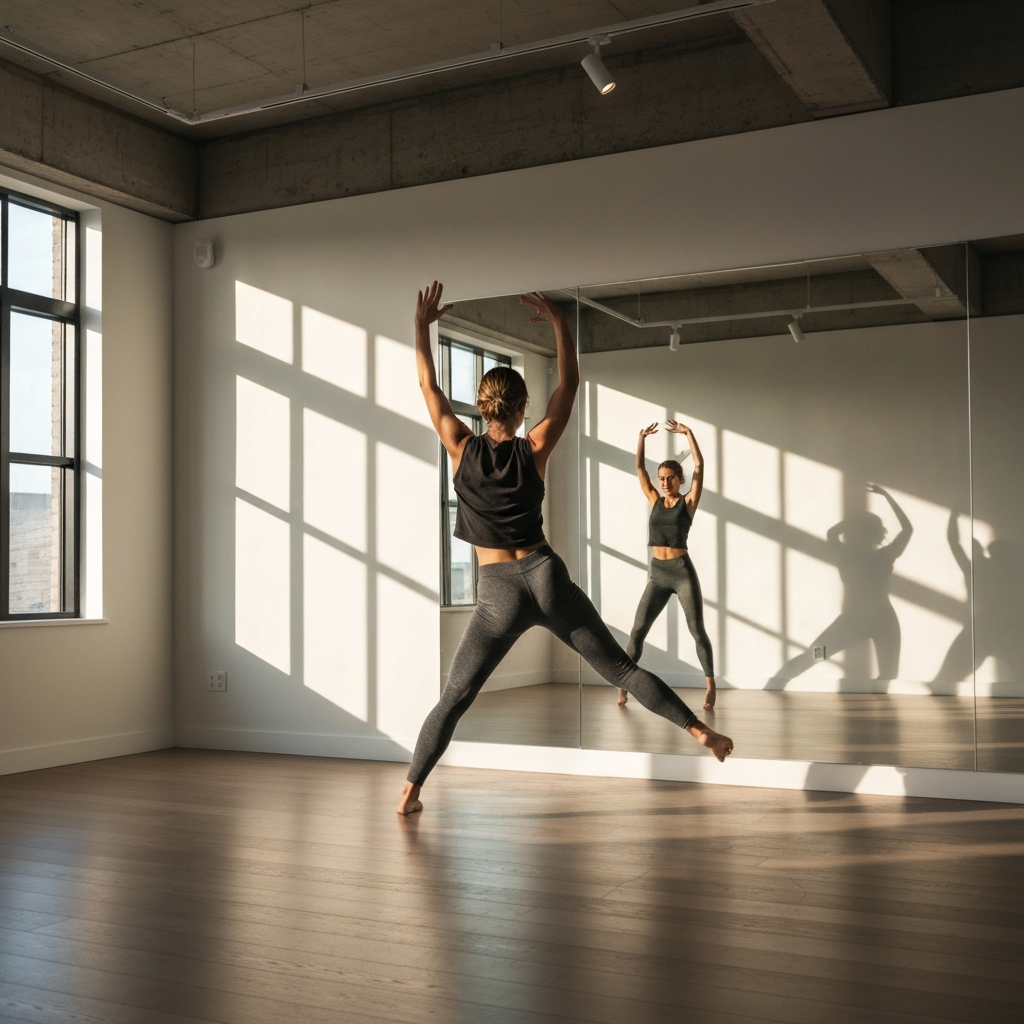 A brightly lit dance studio. A person wearing comfortable athleisure wear practices dance moves in front of a mirror. The mirror reflects a warm, inviting light, casting soft shadows that accentuate movement.