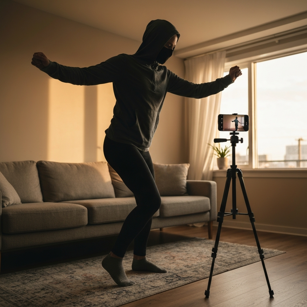 A living room setting. A person is recording themself dancing using a phone on a tripod. The room is well-lit with natural light streaming through a window, creating a cozy and inviting atmosphere.