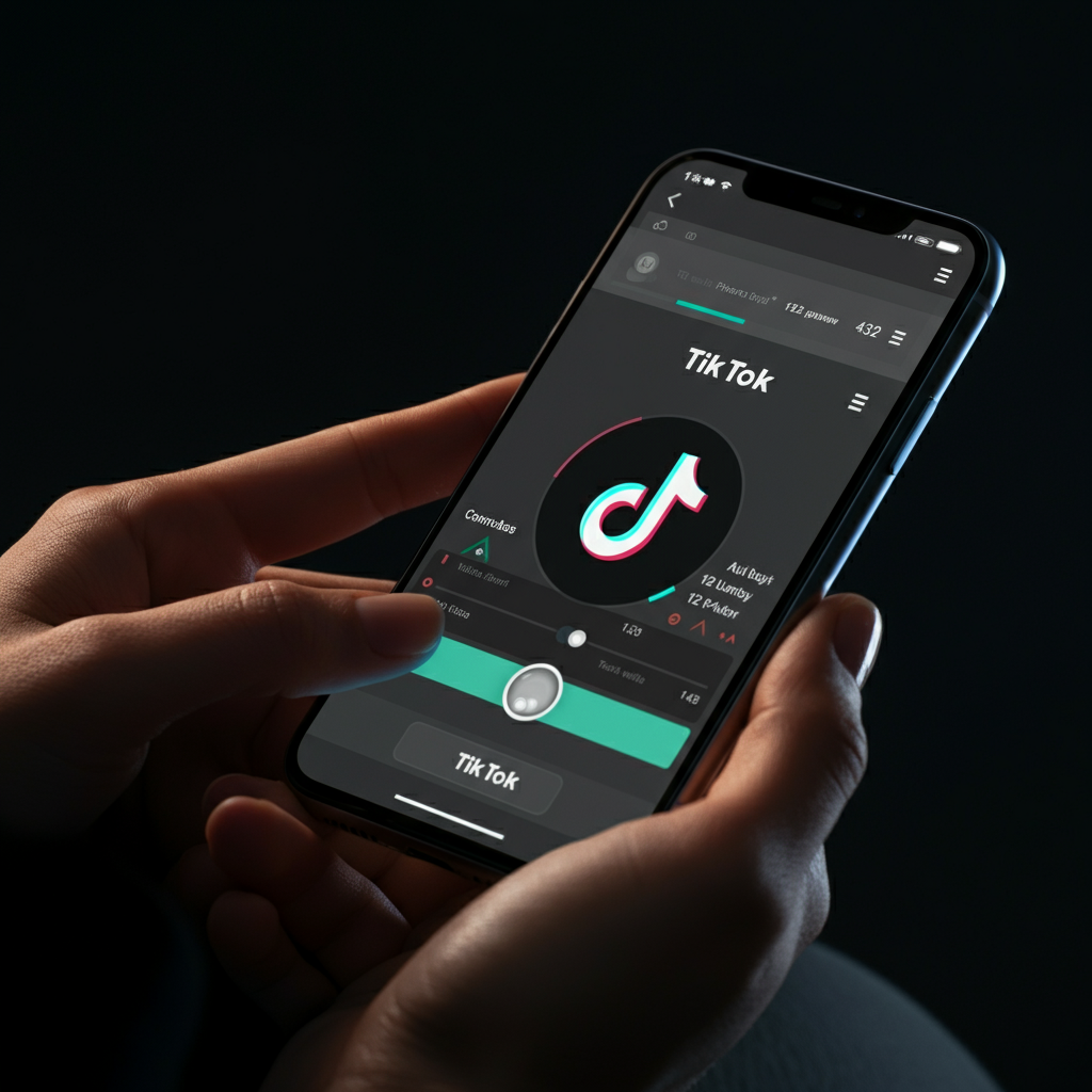 Close up shot of a person holding a smartphone, focused on the screen as they navigate TikTok's video editing interface. Fingers gently adjust filters and add text overlays. The phone screen emits a soft glow.