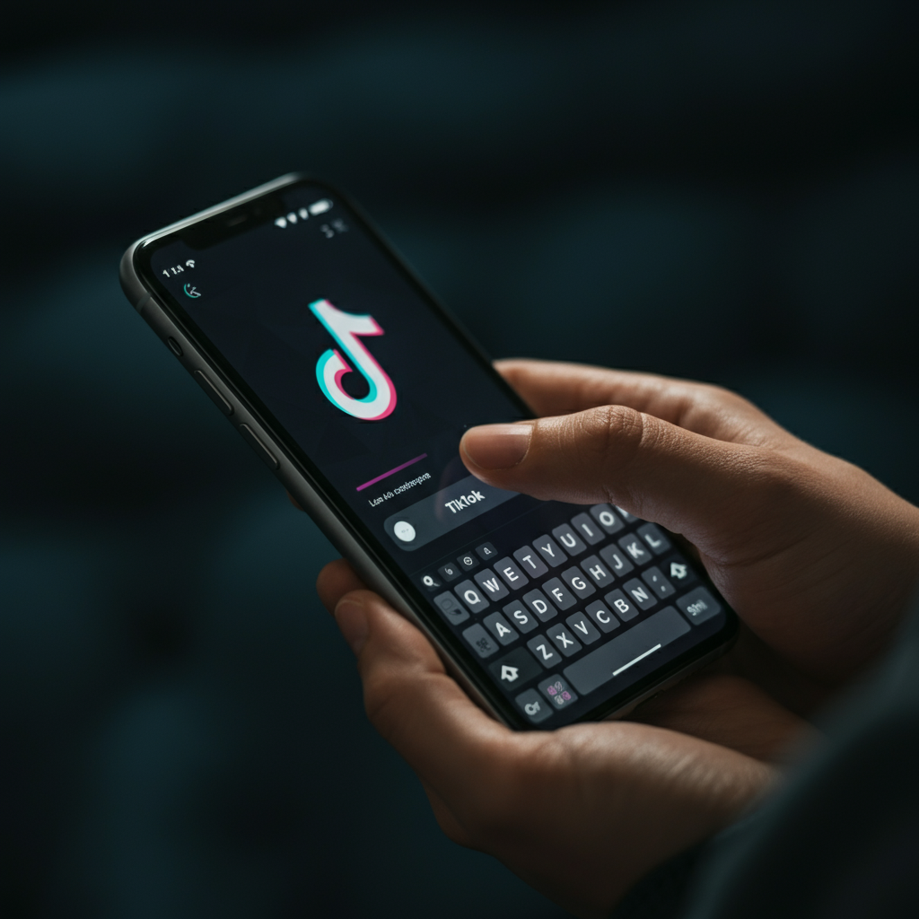 A hand types on a smartphone keyboard, composing a caption for a TikTok video. The screen displays a bright and engaging video preview alongside the text being written. Soft bokeh blurs the background, focusing attention on the task at hand.