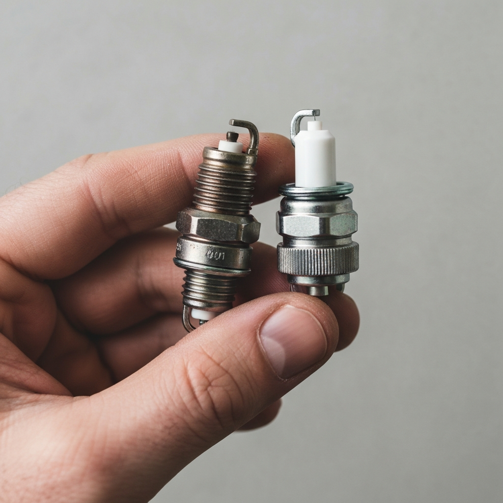 Close-up shot of a mechanic's hand holding a used, worn spark plug next to a new, clean spark plug. Soft side lighting highlights the textures of the metal and ceramic.