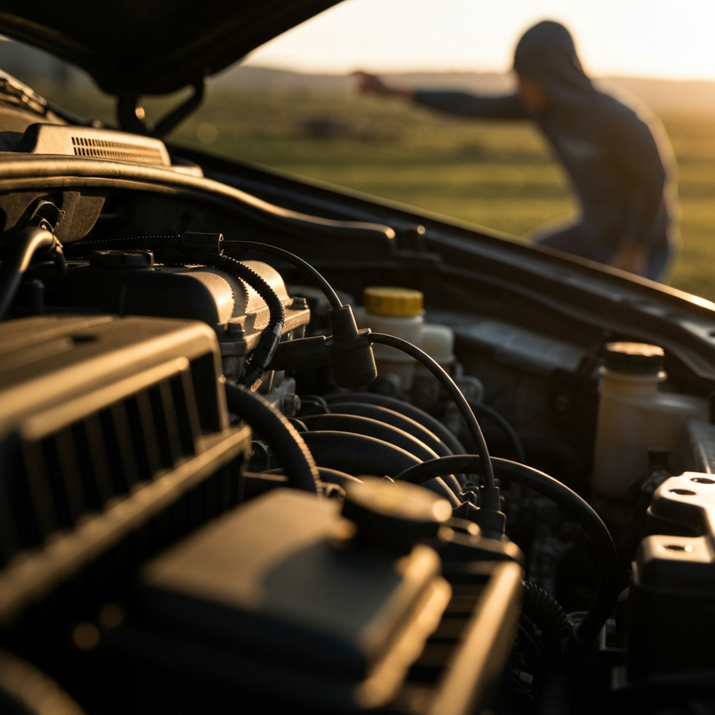 An engine bay with the camera focusing on an ignition coil connected to a spark plug wire. Golden hour lighting creating soft shadows around the engine components.