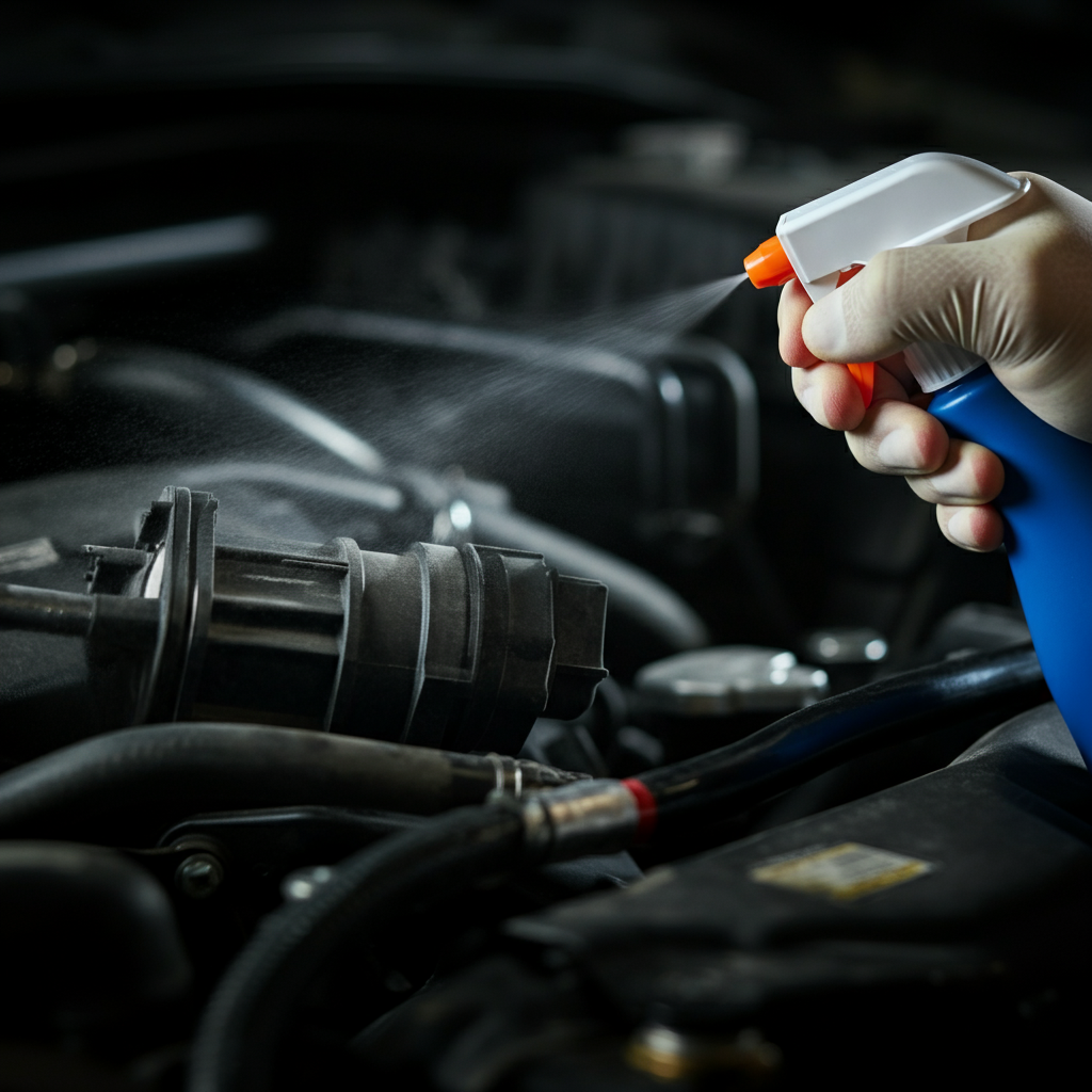 Close-up of a mechanic carefully spraying MAF cleaner onto a mass airflow sensor. The sensor is slightly dusty, and the lighting is bright and even.