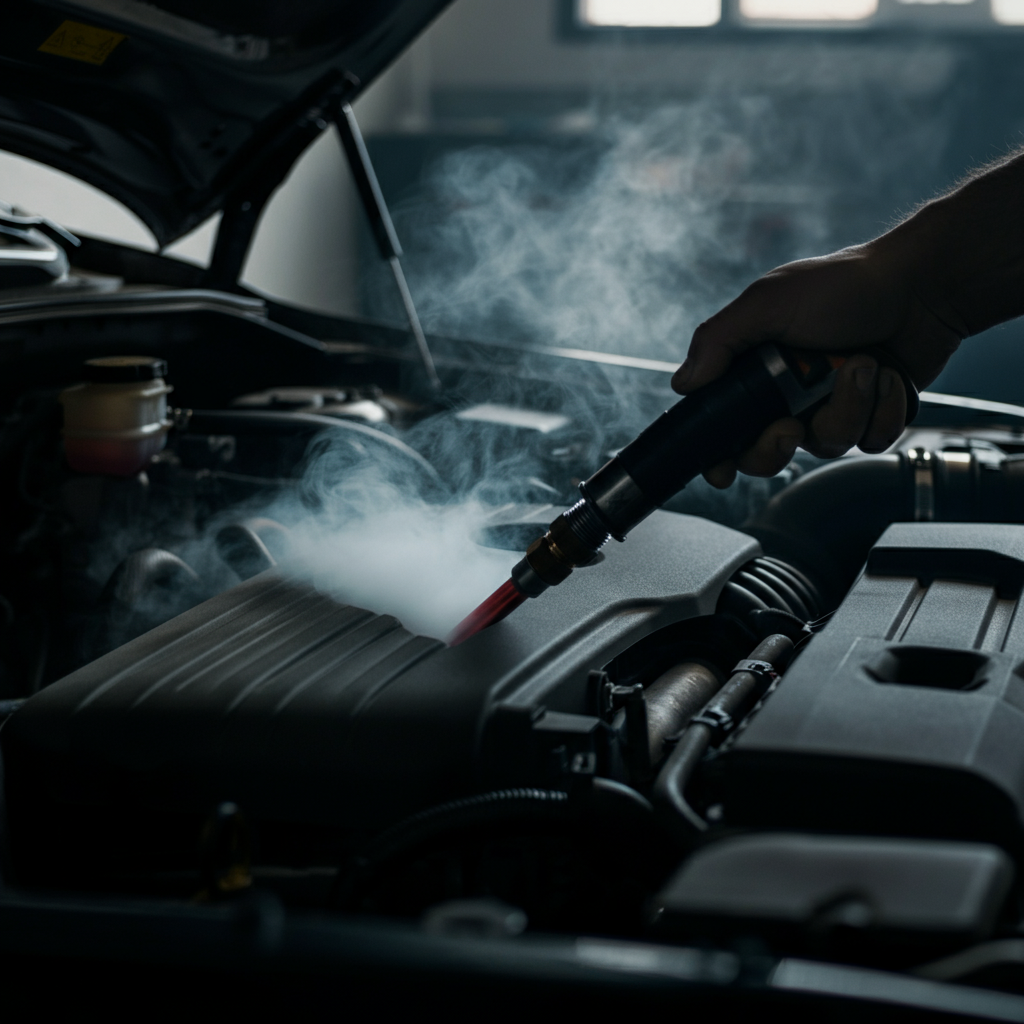 A mechanic using a smoke machine to detect a vacuum leak in an engine bay. The smoke is visibly escaping from a small crack in a hose. Soft, diffused lighting.
