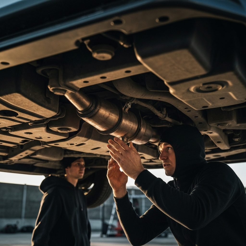 A catalytic converter underneath a car, with a mechanic inspecting it. The undercarriage is slightly dirty, and the lighting is focused on the converter.