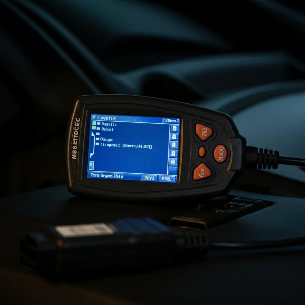 Close-up shot of an OBD-2 scanner plugged into a car's diagnostic port. The scanner screen is displaying a diagnostic code. Soft, focused lighting.