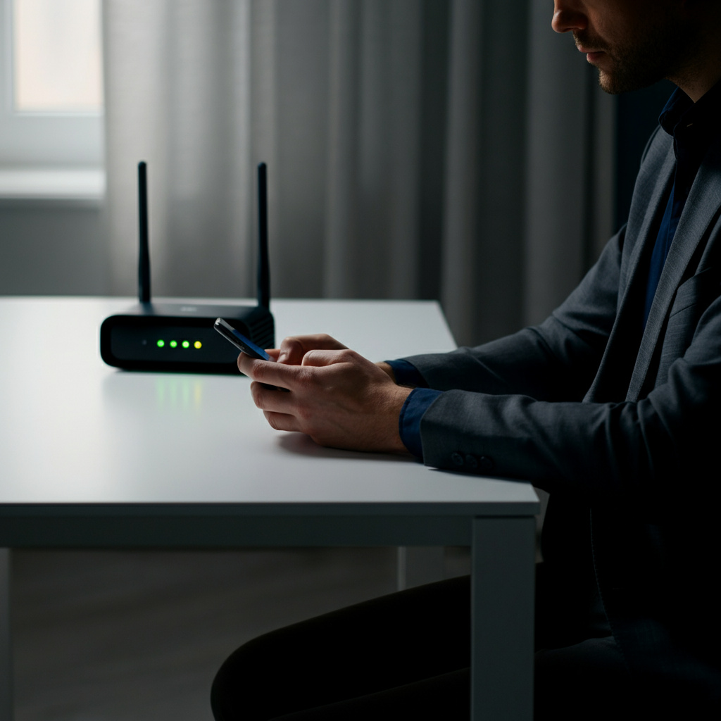 A person sits at a clean, modern desk. A Wi-Fi router with glowing lights sits in the background, slightly out of focus. Soft bokeh highlights the clean lines of the desk and a smartphone in the person's hand. Gentle, diffused light from a window illuminates the scene.