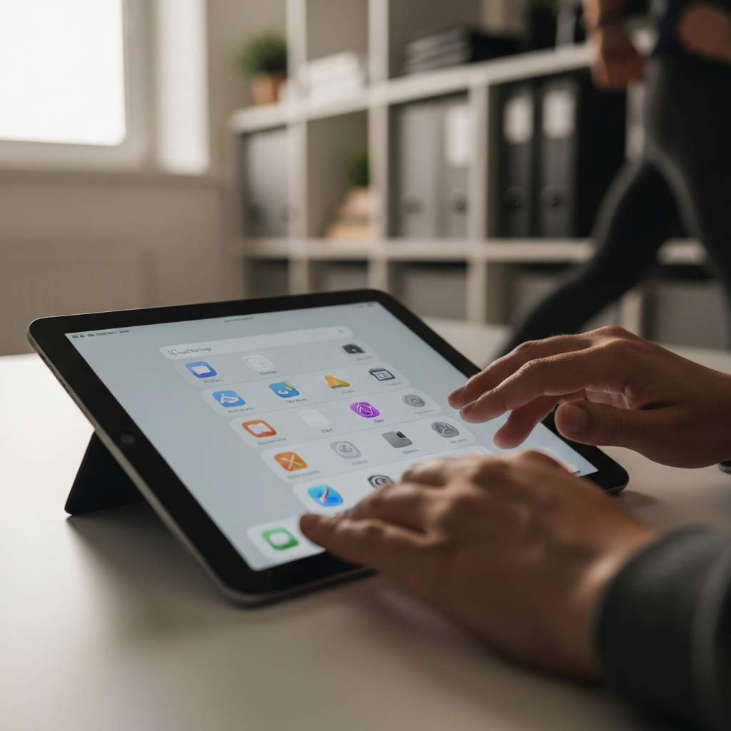 A person's hands navigating the iCloud storage settings on an iPad. The lighting is soft and even, highlighting the texture of the iPad's screen. The background shows a blurred, organized home office setting, conveying a sense of control and digital management.