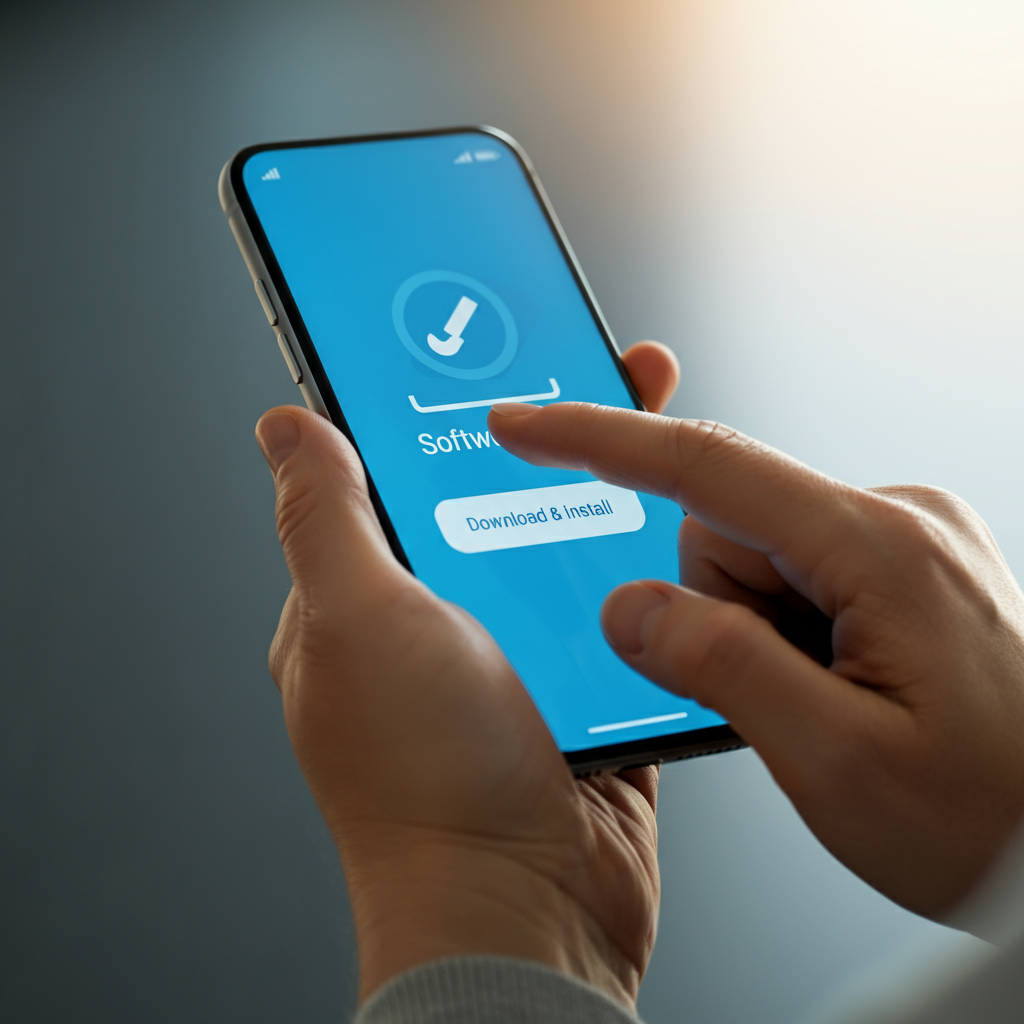 Close-up of a person's hands tapping the "Download and Install" button on a smartphone's software update screen. The lighting is bright and even, highlighting the details of the screen and the person's focused expression. The background is blurred, emphasizing the importance of the action.