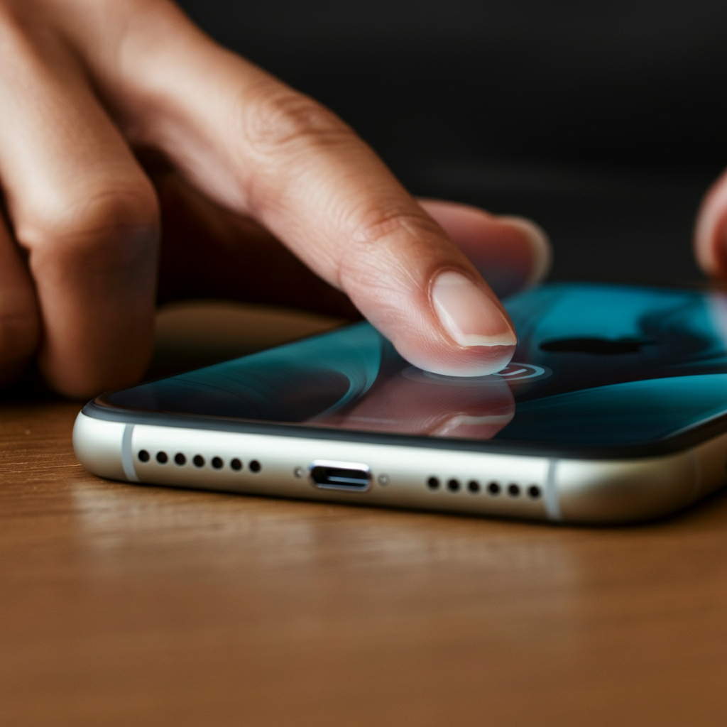 A hand pressing the power button on the side of an iPhone. The device is resting on a wooden surface with a subtle texture. Soft side lighting highlights the contours of the phone and the hand. The background is out of focus, drawing attention to the power button.