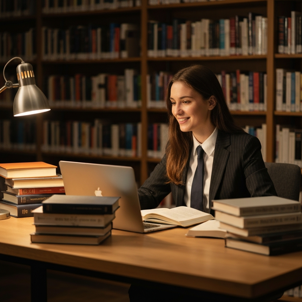 A student sits at a desk in a well-lit library, surrounded by books and a laptop. The student is smiling slightly, focused on the screen. The lighting is warm and inviting, casting soft shadows. The textures of the books and wooden desk are subtly visible.