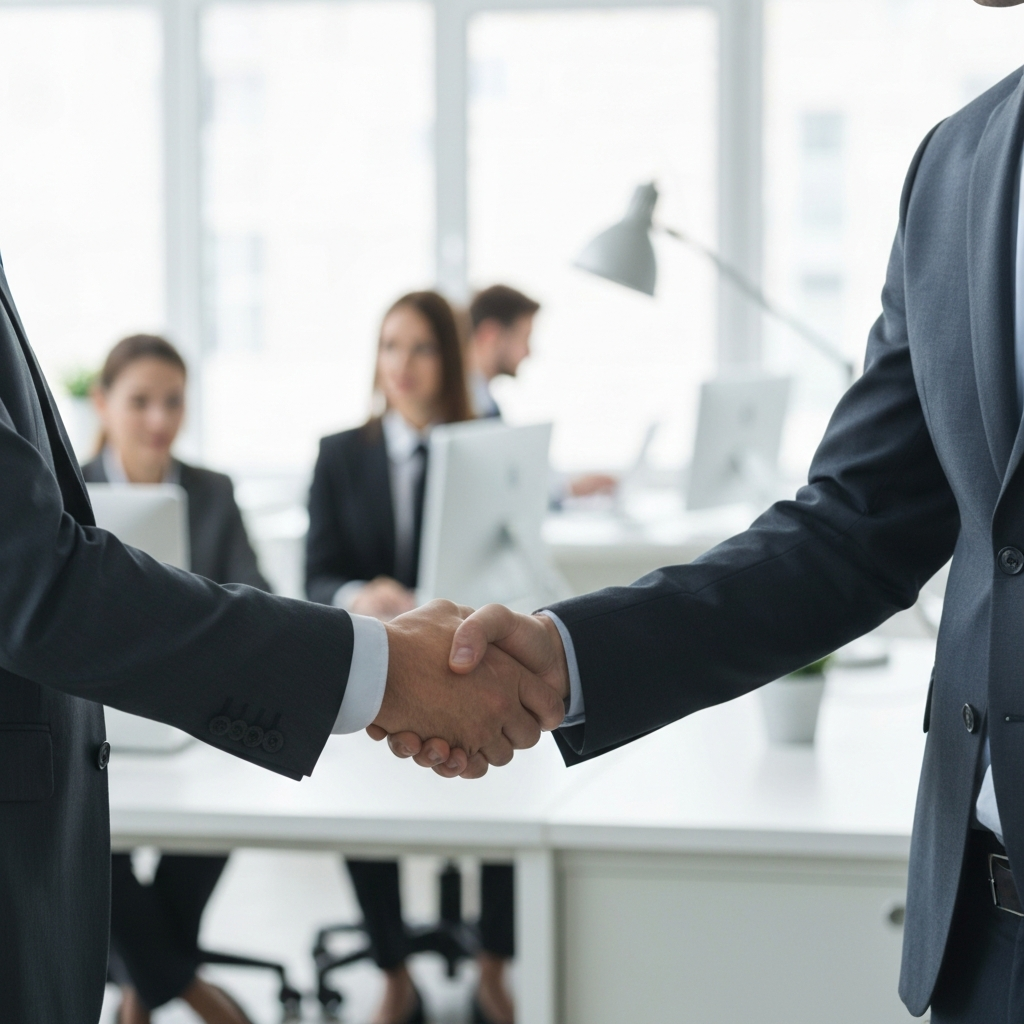 A business professional, dressed in a modern suit, shaking hands confidently with another professional in a brightly lit office. Soft bokeh in the background shows other employees working at their desks. The focus is sharp on the handshake and the confident expressions of both individuals.