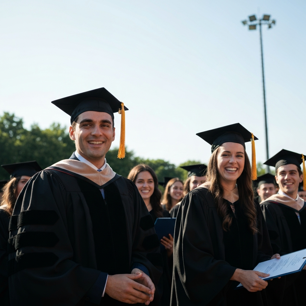 A graduation ceremony taking place outdoors on a sunny day. Graduates are smiling and celebrating, dressed in academic robes. The lighting is bright and cheerful, capturing the excitement and accomplishment of the event.
