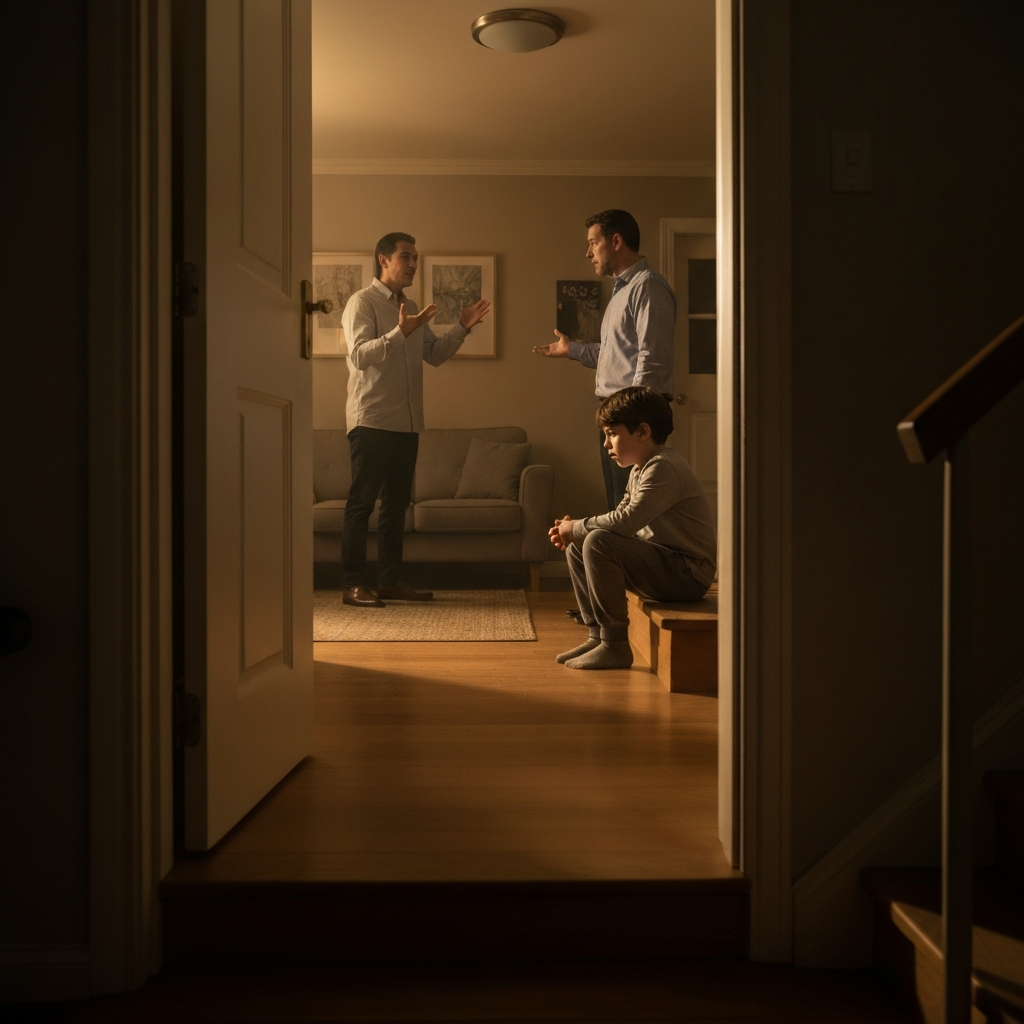 A dimly lit living room with two adults arguing in the background, seen through a slightly open doorway. A child sits alone on a staircase step, with a concerned expression.