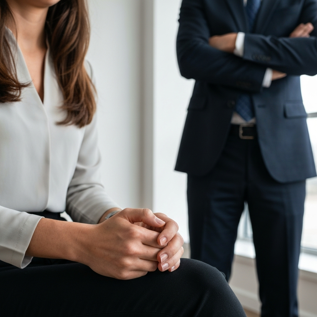 A close-up of a woman's hands wringing nervously in her lap, while a man stands over her with his arms crossed, looking stern.