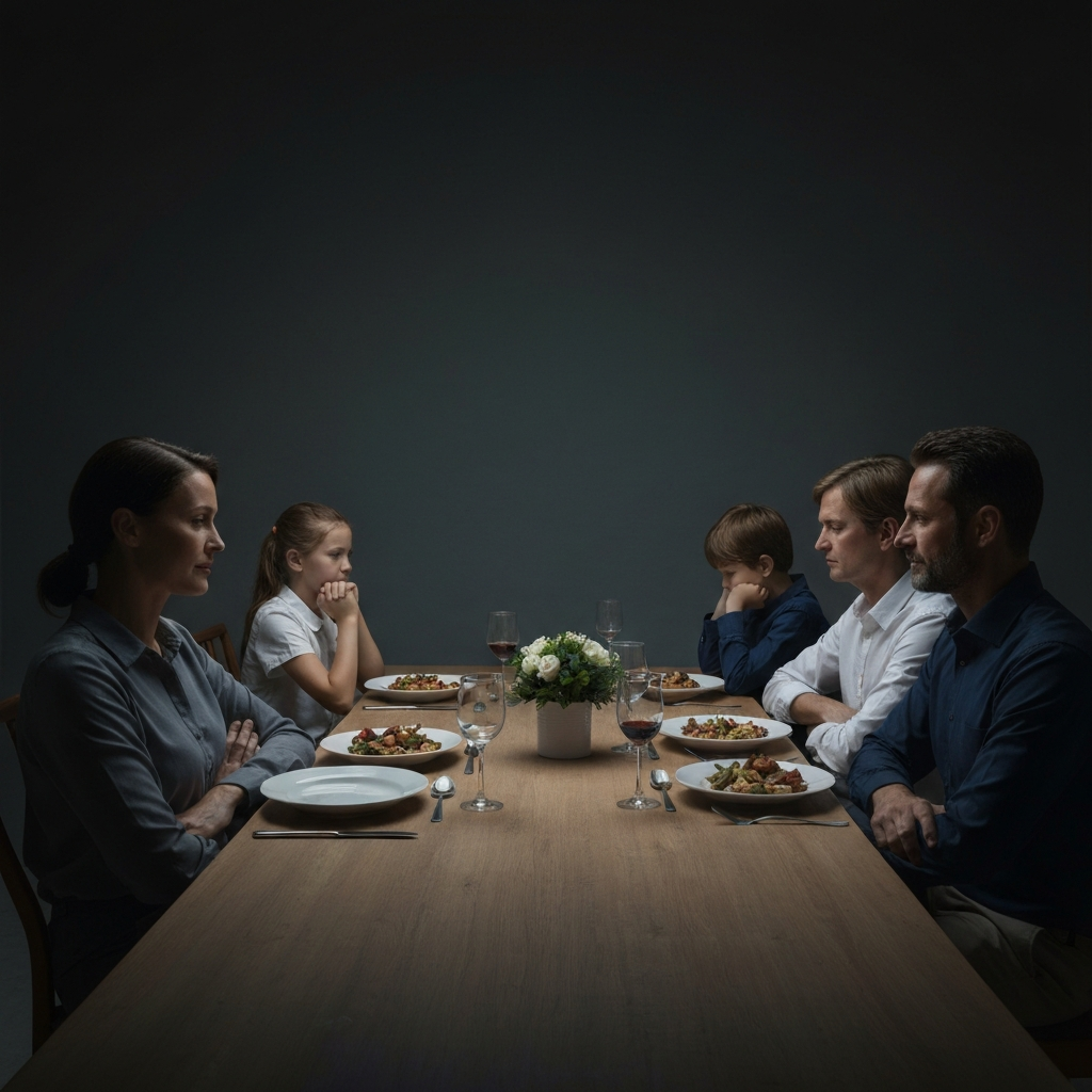 A dinner table scene with a family of four. The parents are sitting on opposite ends, avoiding eye contact, while the children sit quietly with downcast eyes. The lighting is cool and subdued.