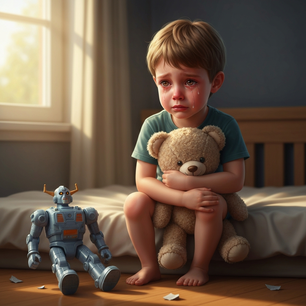 A young boy sits alone on his bed, crying, with a toy robot lying discarded on the floor beside him. The lighting is soft and filtered through the window.