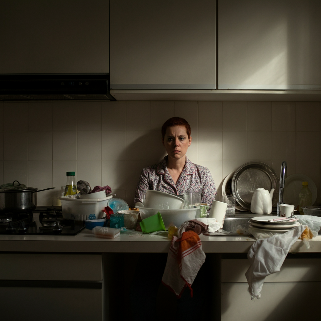 A cluttered kitchen with unwashed dishes piled up in the sink. A parent sits at the table, staring blankly ahead, seemingly oblivious to the mess.