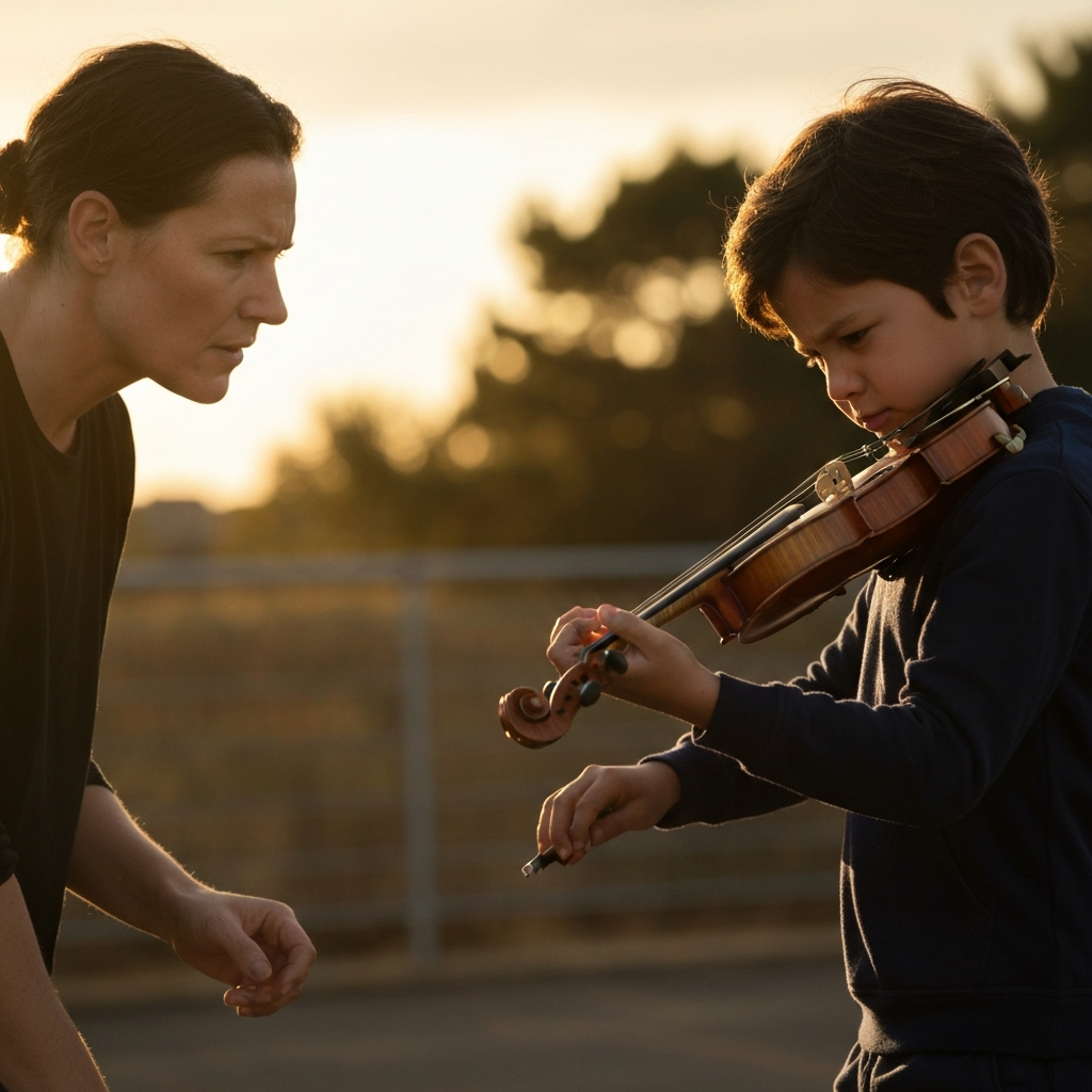 A child practices violin, looking stressed and unhappy. A parent watches intently, with a critical expression.