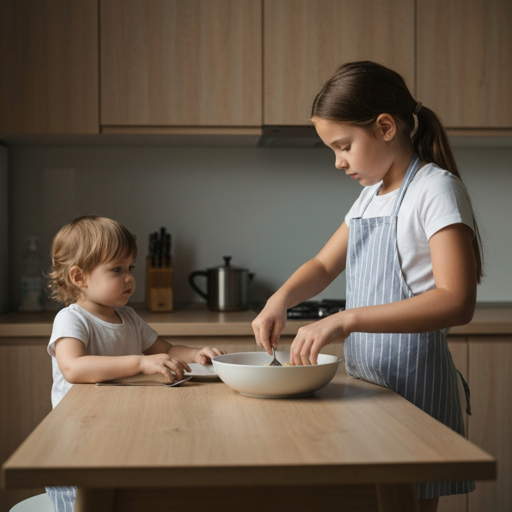 A young girl prepares a meal in the kitchen, looking tired. A younger child sits at the table, watching her.