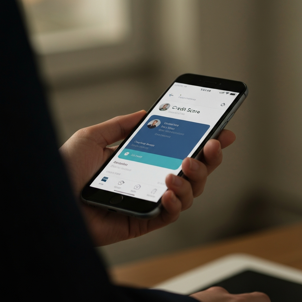 Close-up shot of a hand holding a smartphone displaying a credit score app, soft light, shallow depth of field focusing on the screen.