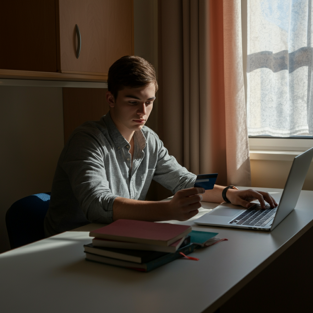 A college student sitting at a desk in a dorm room, textbooks and a laptop visible, holding a credit card, natural light coming through the window.
