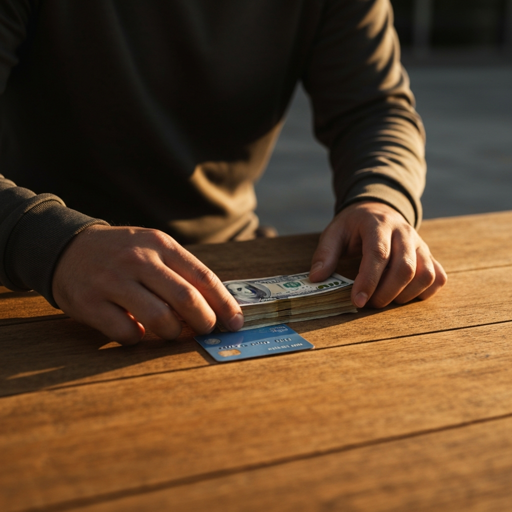 A person's hands placing a stack of bills next to a credit card on a wooden table, warm light, textured wood grain visible.