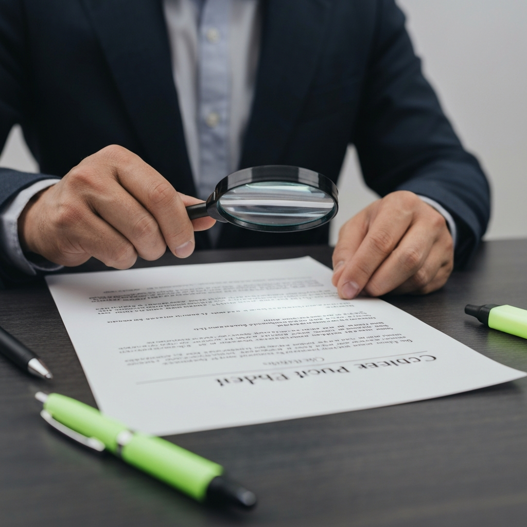 A person using a magnifying glass to examine the fine print of a credit card agreement, focused light on the document, pens and highlighters nearby.